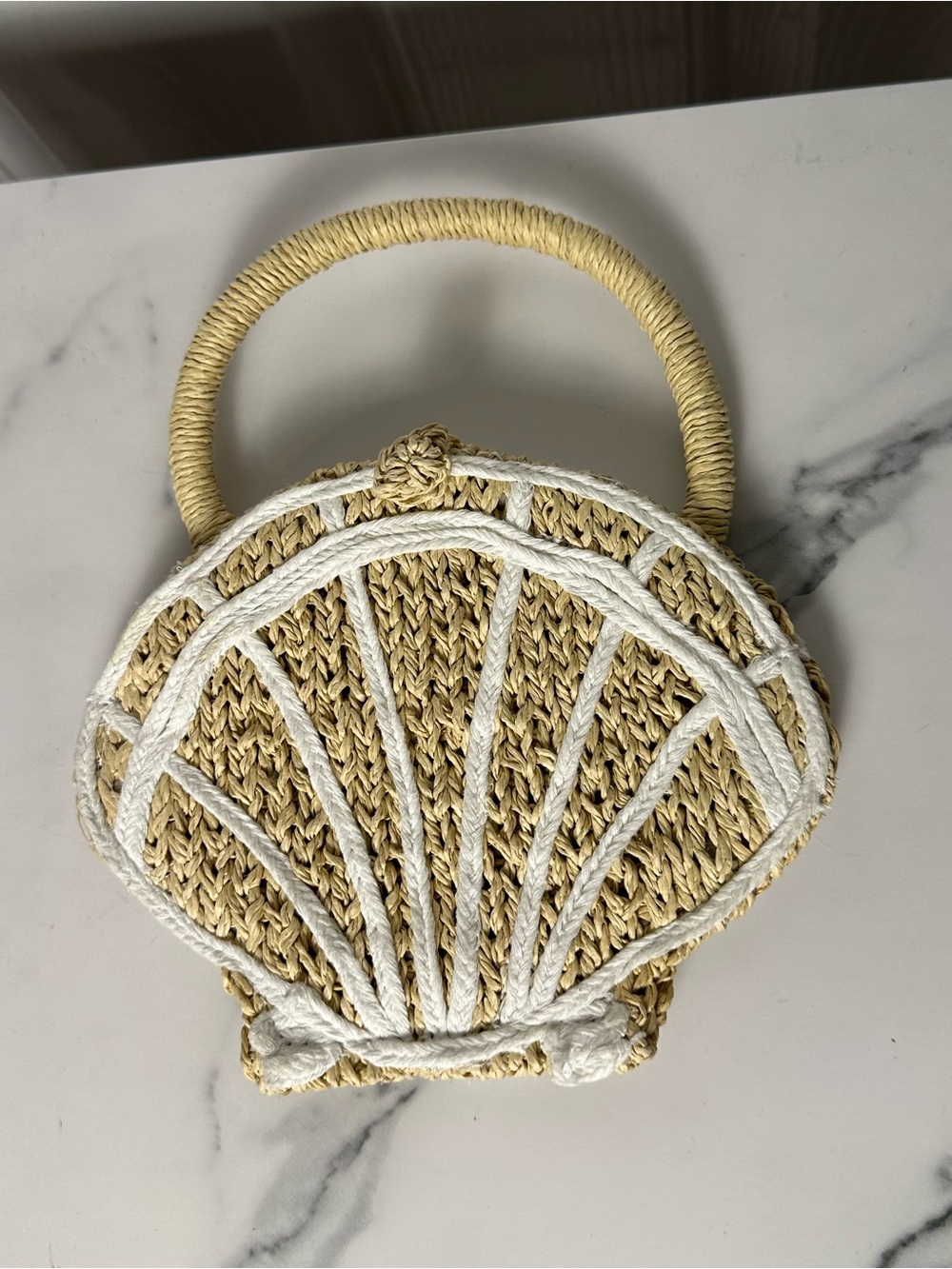Straw Shell Bag with White Rope Accents